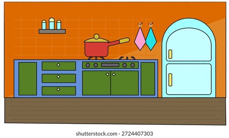 Una ilustración interior de cocina simple y bien organizada.
