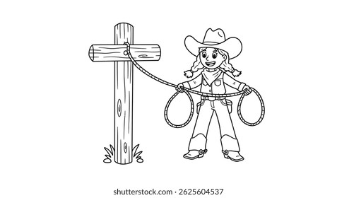 Simple Western Skills Coloring Page Outline Cowgirl With Lasso Successfully Around Basic Wooden Post Ranch Fun Art Task