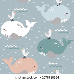 Simple whale and gull seamless childish pattern in blue, white, pink and green colour. Hand drawn repeat pattern for wrapping, fabrik, textile or paper projects. Vector illustration.   