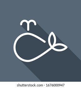 Simple whale logo, outline design. White flat icon with long shadow on blue background