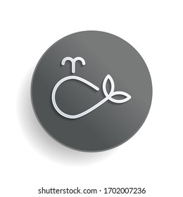 Simple whale logo, outline design. White paper symbol on gray round button or badge with shadow