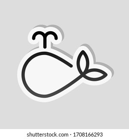 Simple whale logo, outline design. Sticker style with white border and simple shadow on gray background