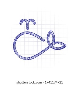 Simple whale logo, outline design. Hand drawn sketched picture with scribble fill. Blue ink. Doodle on white background