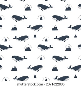 Simple whale, monochrome mountains. background seamless pattern. Vector illustration. Repeating pattern design.