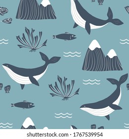 Simple whale Orcas, monochrome mountains and sea shells blue background seamless pattern. Vector illustration. Repeating pattern design.