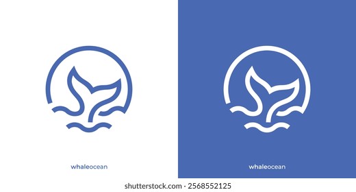 Simple Whale Tail Logo. Whale Tail Wave and Sun Icon Graphic. Blue Whale Logo Design Template.