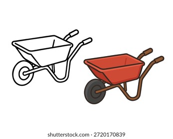 Ilustración de carretilla simple con una versión de color y una versión de contorno, estilo limpio y mínimo adecuado para iconos, diseño de interfaz de usuario, pegatinas, materiales educativos y gráficos de jardinería.