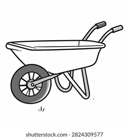 A simple wheelbarrow with metal handles and a single wheel, used for gardening, construction, or outdoor tasks, shown in a clean, minimal style.