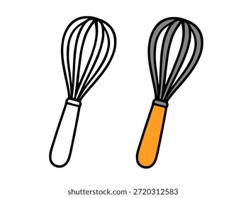 Ilustración de batidor simple con una versión de color y una versión de contorno, estilo limpio y mínimo adecuado para iconos, pegatinas, gráficos de cocina, contenido para niños y páginas para colorear.