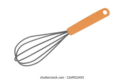 Simple Whisk Watercolor Drawing Vector Illustration Isolated On White Background. Balloon Whisk Clipart. Whisk With Wooden Handle Cartoon Hand Drawn. Kitchen Utensils For Mixing, Whisking, Cooking Egg