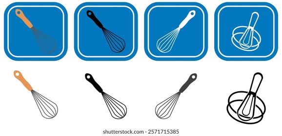 Simple whisk watercolour drawing vector illustration isolated on white background. Balloon whisk clip art. Whisk with wooden handle cartoon hand drawn. Kitchen utensils for mixing,whisking cooking egg