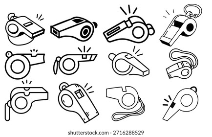 Simple whistle icon collection representing sports, alerts, coaching, safety, and referee signals in clean line and solid styles.