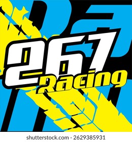 Simple white 267 number vector and yellow RACING text, speed sticker design, colorful base.