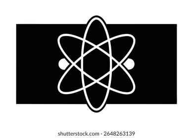 Uma silhueta simples de átomo branco é centrada em um fundo retangular preto. O estilo é minimalista e a imagem é um gráfico vetorial