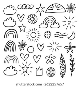 Einfache weiße Hintergrund Doodle-Symbole mit Regenbogen