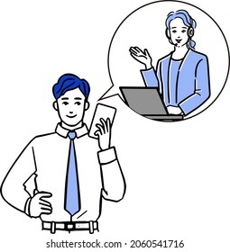 Un simple dibujo de fondo blanco de un hombre de negocios asiático con un smartphone y el cuerpo superior de un operador en una burbuja de habla