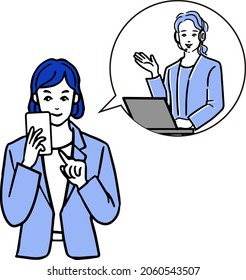 A simple white background line drawing of a smiling young suit woman with a smartphone and a female operator in a speech bubble