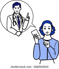 Un simple dibujo de fondo blanco de la parte superior del cuerpo de una joven con un smartphone y un médico en una burbuja de habla