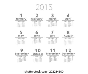 Simple white background paper calendar 2015. Original vector template conception of time managing. Illustration for printing on sleek material. Horizontal year composition.
