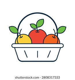 Simple of a white basket filled with three colorful fruits including an apple and orange