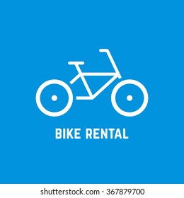 Simple White Bike Rental Icon. Concept Of Biking, Bycicle Sale, Rent-a-bike, Trip, Company Mark, Repair, Guide. Isolated On Blue Background. Flat Style Modern Logotype Design Vector Illustration