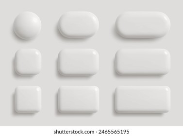 Simple white blank monochrome buttons in 3D style. Circle, square, rectangle shapes. Vector illustration