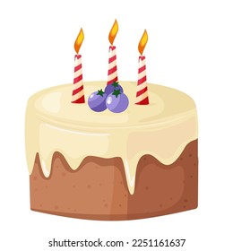 Simple white cake with three candles and blueberries. Flat vector design.