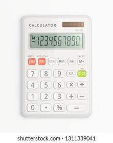 Simple white calculator with solar cell isolated on white background. It is on and shows numbers on display. Vector illustration.