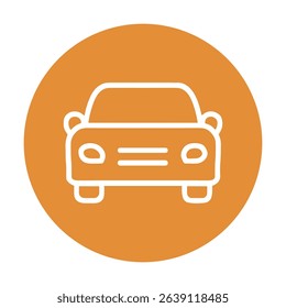 Simple white car on orange circle. Icon symbol illustration