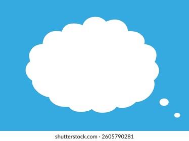 Simple white cartoon cloud thought bubble on bright blue background is great for creative projects. With prominent copy space. Cartoon, doodle, adorable, vector concept.