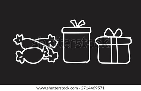 Simple white chalk-style icon featuring candies and two gift boxes with bows on a black background.
