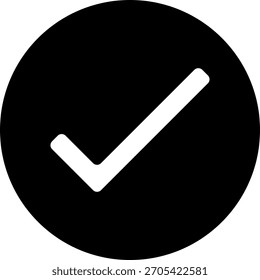 Un icono de marca de verificación blanca simple centrado dentro de un círculo negro sólido, establecido sobre un fondo blanco. Este gráfico simboliza la finalización, el éxito, la Aprobación, la confirmación o la corrección.