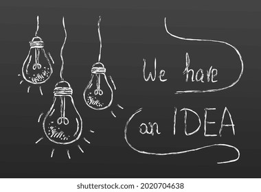 Simple white childish hand drawing linear lightbulbs on dark grey background. We have an idea lettering for creative template use. Flat cartoon vector illustration