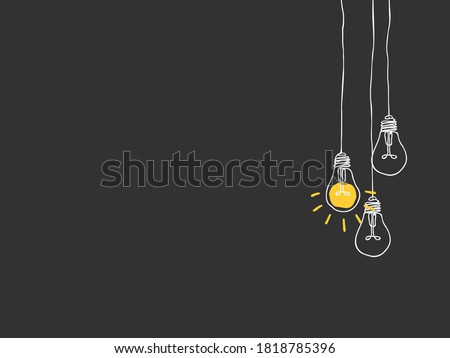 simple white childish hand drawing lines yellow lightbulbs on black for background, texture, wallpaper, banner, label etc. with copy space. vector design.
