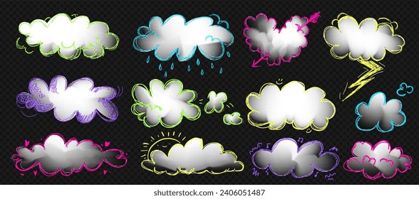 Sencillas nubes blancas con conjunto de texturas de medio tono. Colección de elementos cutáneos y kawaii en bg transparente como un png. Ilustración de arte naif vectorial