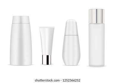 Simple white cosmetic bottle mockup design. Cosmetics packaging container isolated on white background. Beauty jar 3d vector illustration.