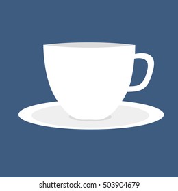 Simple white cup and saucer on isolated blue background.