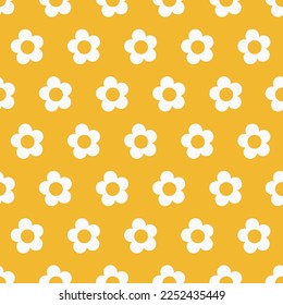 simple white daisy flower; seamless floral pattern on yellow background element for wallpaper, banner, textiles, cover, texture, label, backdrop, wrapping paper, card etc. illustration vector design.