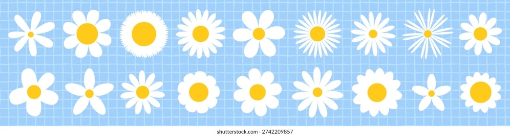 Simple white daisy vector graphic shapes, geometric flower elements for greeting cards and spring designs
