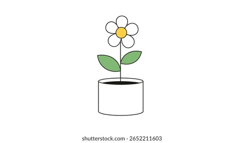 A simple white daisy with a yellow center stands tall in a white pot on a clean white background illustration