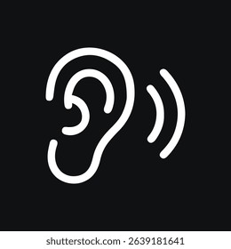Simple white ear icon with sound waves, on black background, representing audiology, hearing, and sound perception.