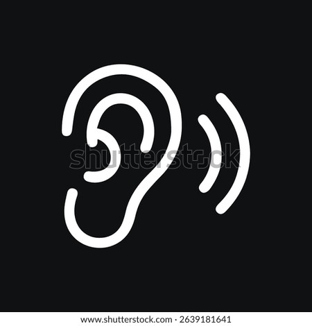 Simple white ear icon with sound waves, on black background, representing audiology, hearing, and sound perception.
