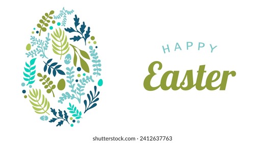 simple white easter background. kid doodle hand drawing plants that form egg shape. 