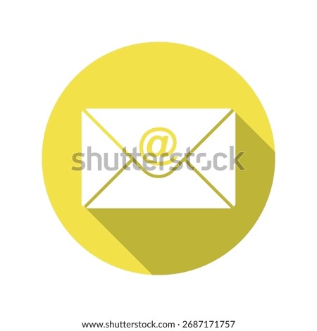 Simple white email icon with symbol on a yellow circle with a shadow, symbolizing communication and digital contact. Modern graphic for online messaging.