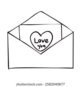 A simple white envelope with a heart drawn on it and the words "Love You" written on it. The envelope is open, revealing a blank piece of paper inside. The heart and the words convey a message of love