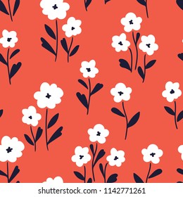 Simple White Flowers Pattern Over Red Background. Vector Illustration