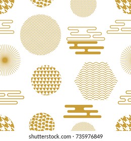 Simple white, golden oriental print. Seamless vector pattern with Japanese, Chinese, Korean motifs. Abstract background with geometric shapes, circles, hexagons. Composition for textile design, cards.