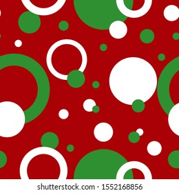 Simple white green circle on red seamless pattern abstract background. Christmas season, birthday holiday gift paper wrap. Repeat ornament for fabric print, wallpaper decor. Flat vector illustration