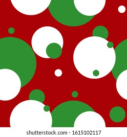 Simple white green circle on red seamless pattern abstract background. Christmas season, birthday holiday gift paper wrap. Repeat ornament for fabric print, wallpaper decor. Flat vector illustration