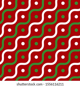 Simple white green circle wavy line on red seamless pattern abstract background. Christmas season, birthday holiday gift paper wrap. Repeat ornament fabric print, wallpaper decor. Vector illustration